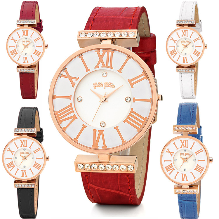 folli follie手表真皮轻奢罗玛刻度闪亮圈口王朝系列石英防水女表