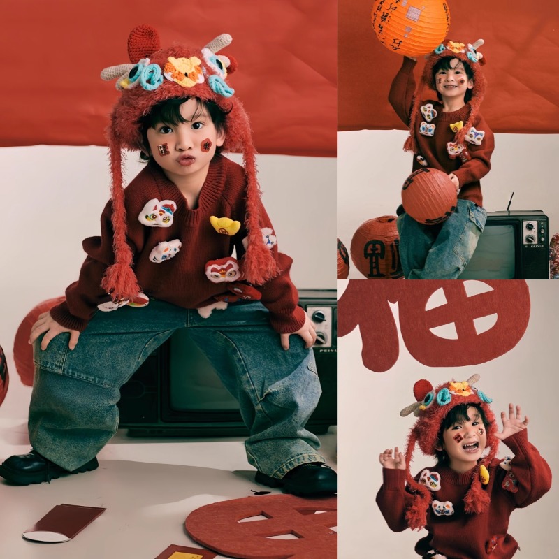 儿童摄影服装马年红色毛衣