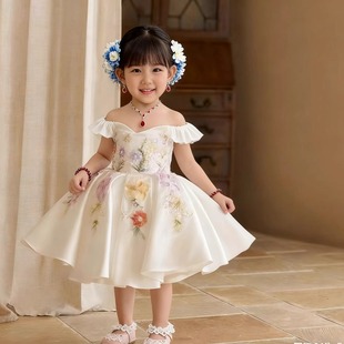 女童收腰蓬蓬裙公主裙儿童摄影服装刘亦菲同款小礼服一字肩小香风
