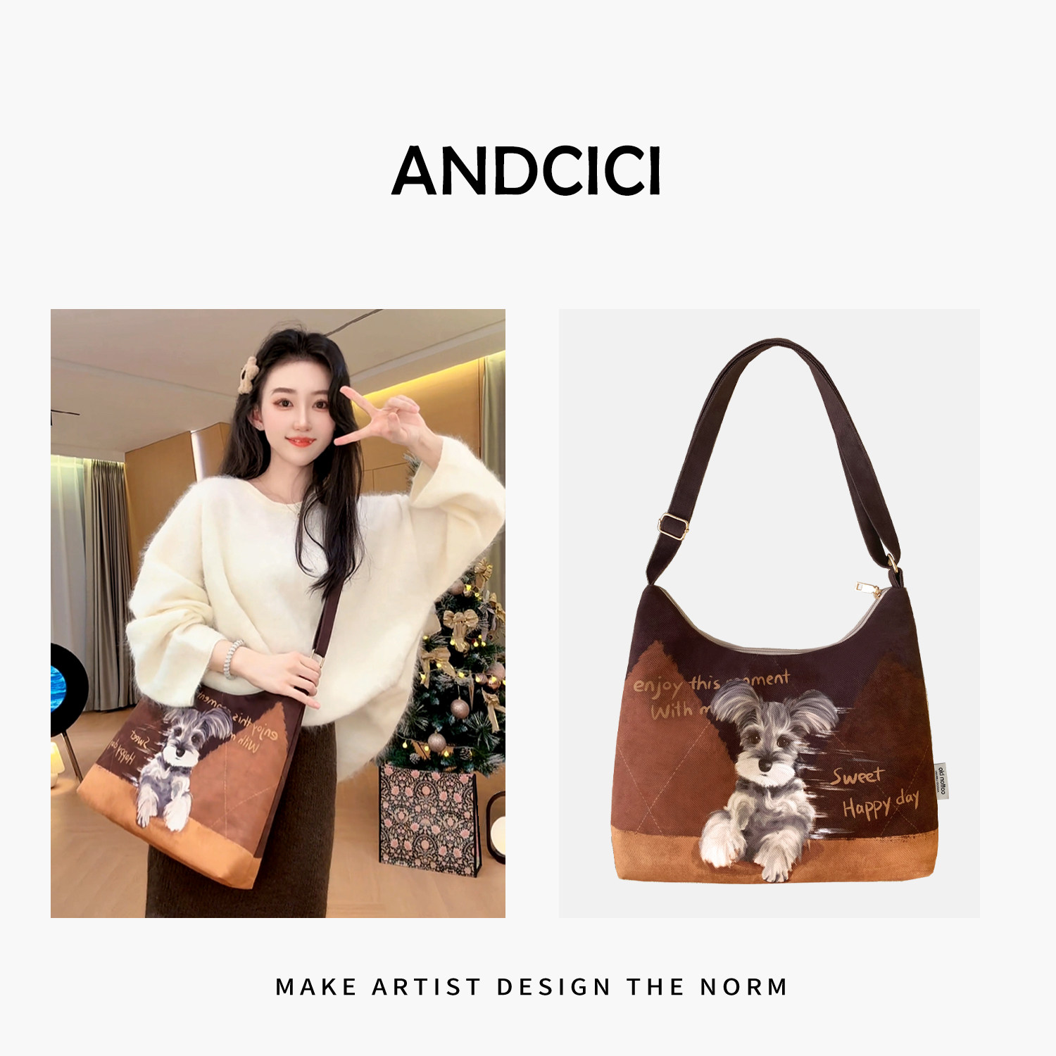 ANDCICI@雪纳瑞小狗 拉链款斜挎包单肩包手提包上班通勤学生书包,收纳整理,购物袋/环保袋/帆布袋,淘宝优惠券,粉丝福利购,淘宝优惠卷