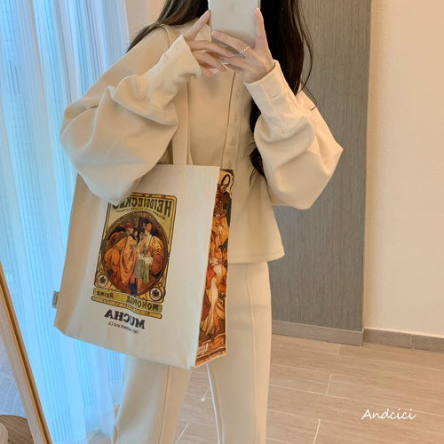 ANDCICI@博物馆 穆夏mucha聚会油画拉链帆布包袋女单肩包学生书包