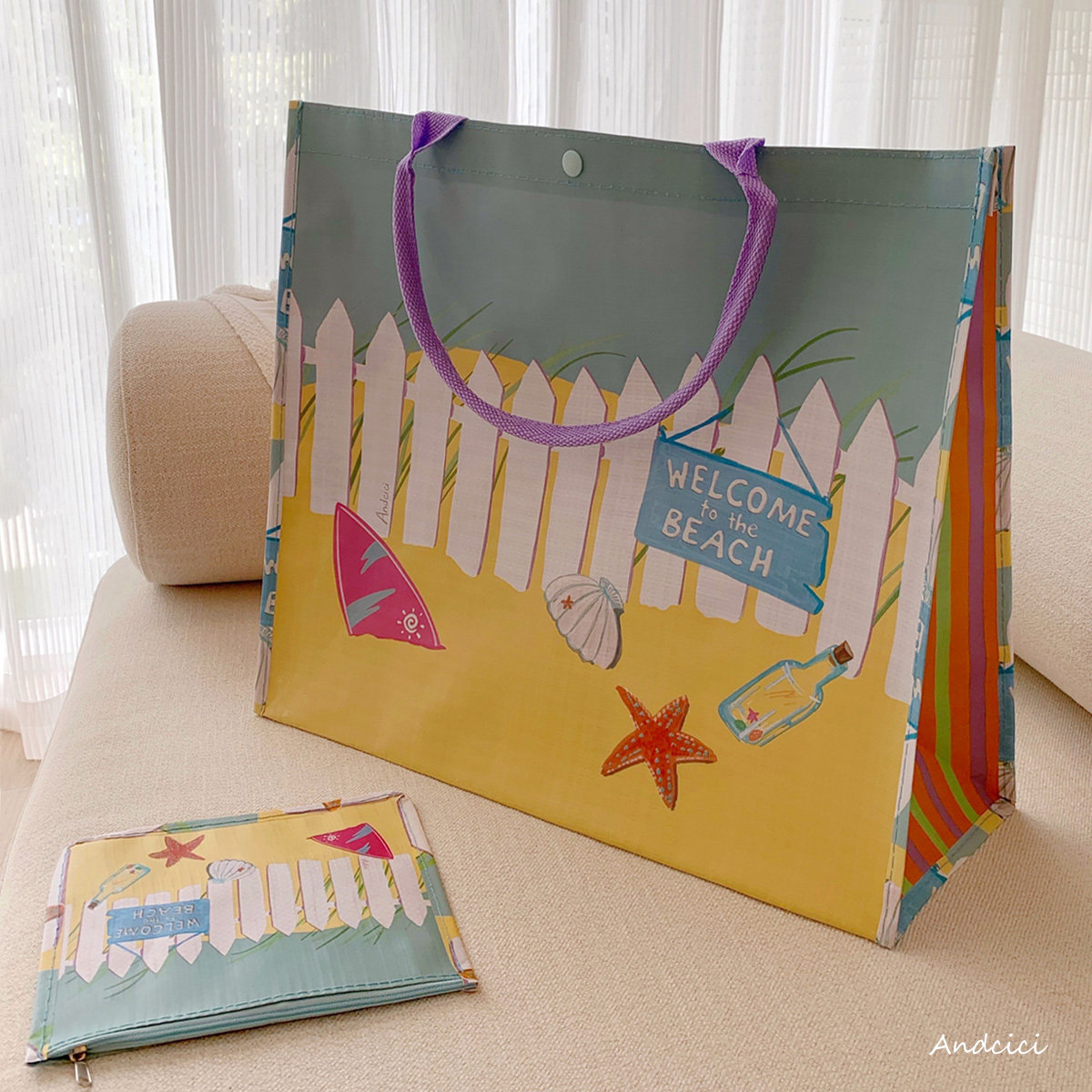 ANDCICI@海滩油画~超大容量防水单肩包手提袋旅行购物游泳收纳包,收纳整理,购物袋/环保袋/帆布袋,淘宝优惠券,粉丝福利购,淘宝优惠卷