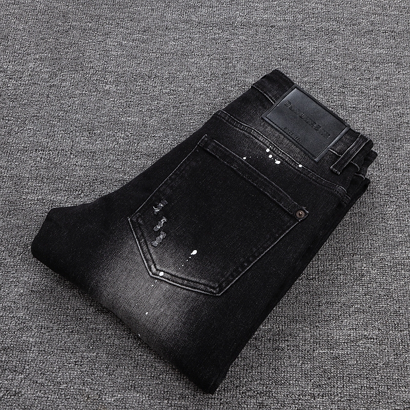 破洞补丁涂鸦印花轻奢牛仔裤男士黑色潮牌泼墨修身小脚机车长裤子