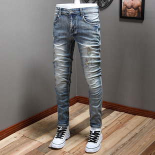 美式高奢做旧破洞弹力牛仔裤男修身小脚补丁韩版百搭复古2025浅色