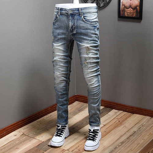 做旧高奢做旧修身小脚牛仔裤男士