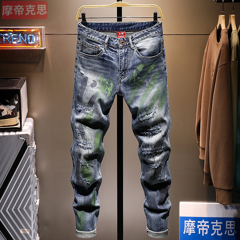 港风个性牛仔裤男士裤子修身小脚泼墨破洞补丁潮牌痞帅长裤子