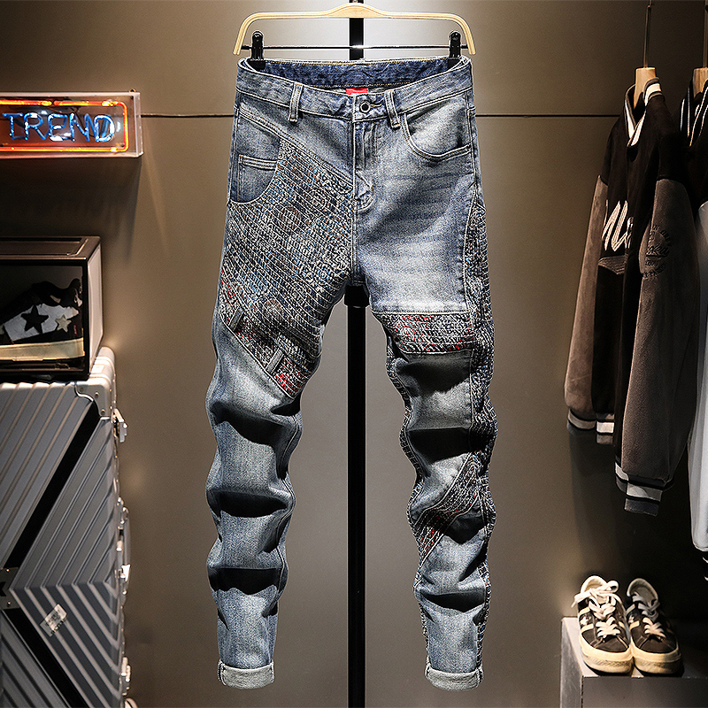 拼接刺绣男士牛仔长裤复古裤潮流