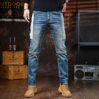 高级感设计秋冬拼接牛仔裤男款潮牌修身小直筒痞帅机车休闲长裤子