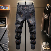痞帅乞丐黑灰色油漆刮烂牛仔裤 泼墨破洞 韩版 男士 2025香港百搭修身
