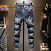 喷漆长裤 高端个性 子 潮牌高街2025韩版 潮牌弹力修身 泼墨牛仔裤 男士