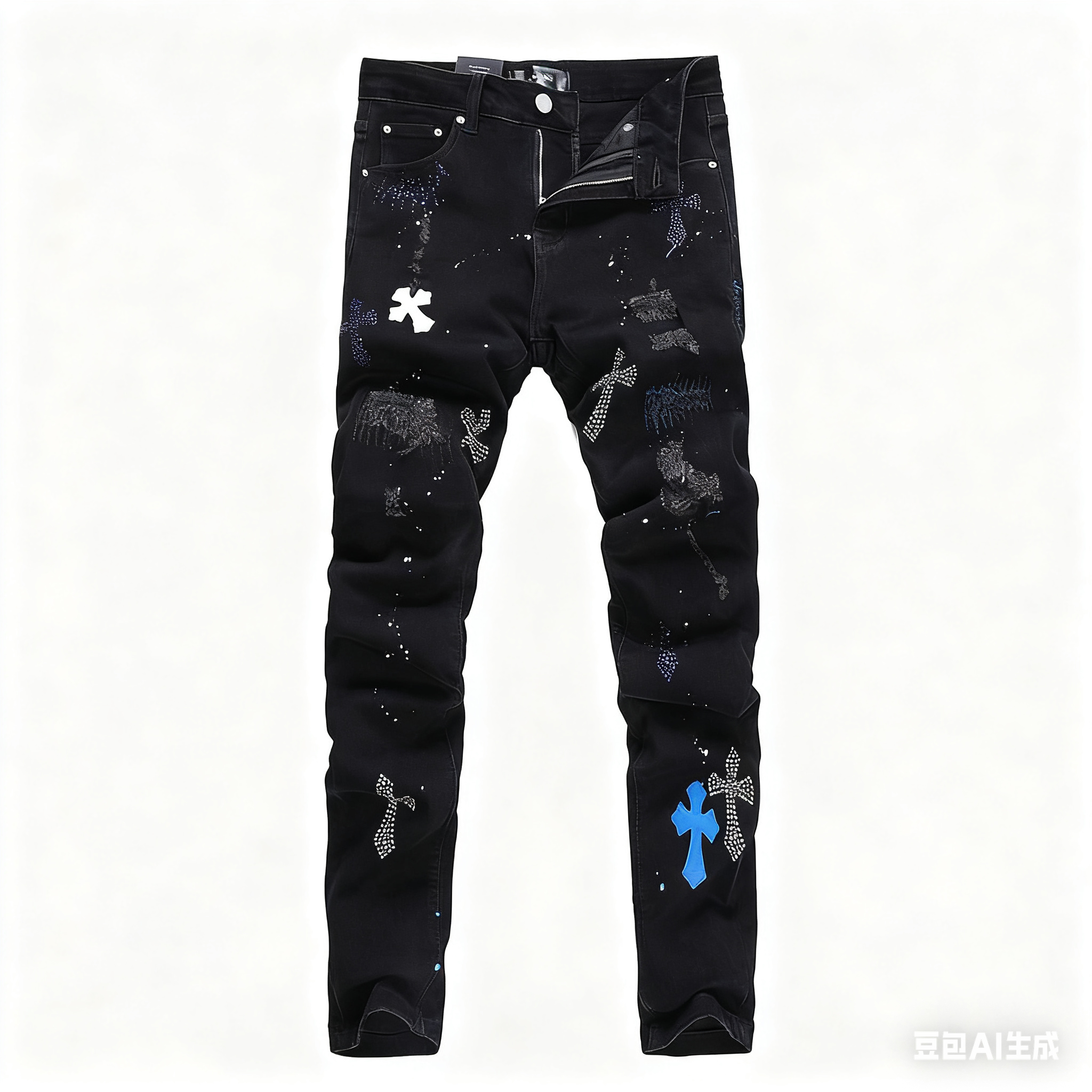 高街黑色十字烫钻破洞牛仔裤男潮牌复古印花修身小脚休闲长裤日系