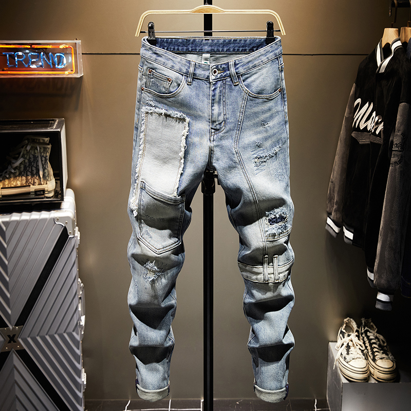 浅色设计师潮牌牛仔裤男香港潮流时尚修身裤子个性双口袋小脚裤子