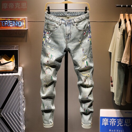 潮牌油漆男牛仔裤男复古泼墨痞帅