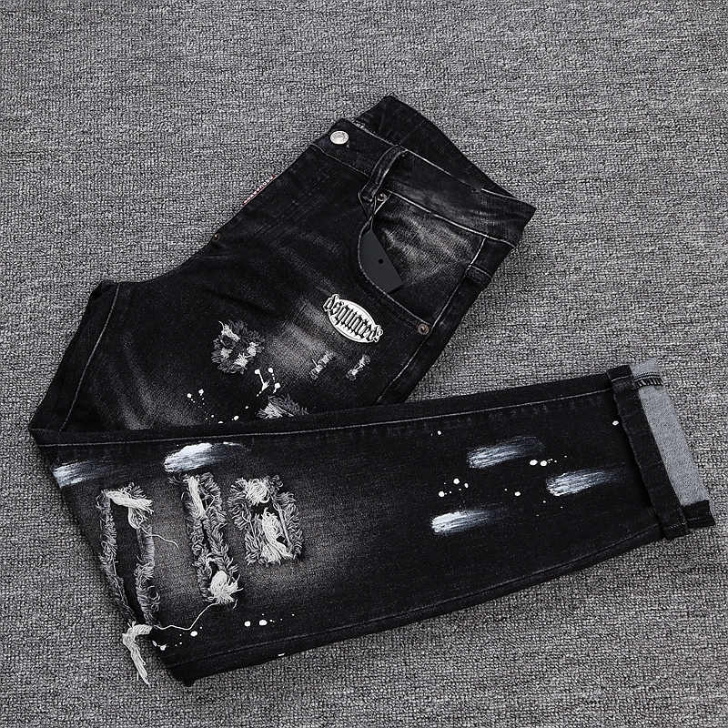 破洞补丁涂鸦印花轻奢牛仔裤男士黑色潮牌泼墨修身小脚机车长裤子