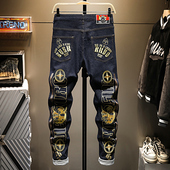 香港潮牌原色水洗印花刺绣弹力修身 陈冠希痞帅裤 子男牛仔裤 小直筒