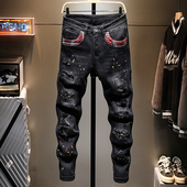 黑灰色油漆刮烂牛仔裤 男士 2025做旧百搭修身 痞帅个性 韩版 泼墨破洞