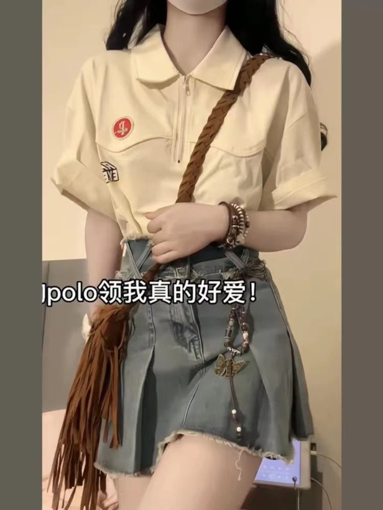 学院风polo领上衣牛仔短裙两件套小个子穿搭一整套减龄洋气套装夏