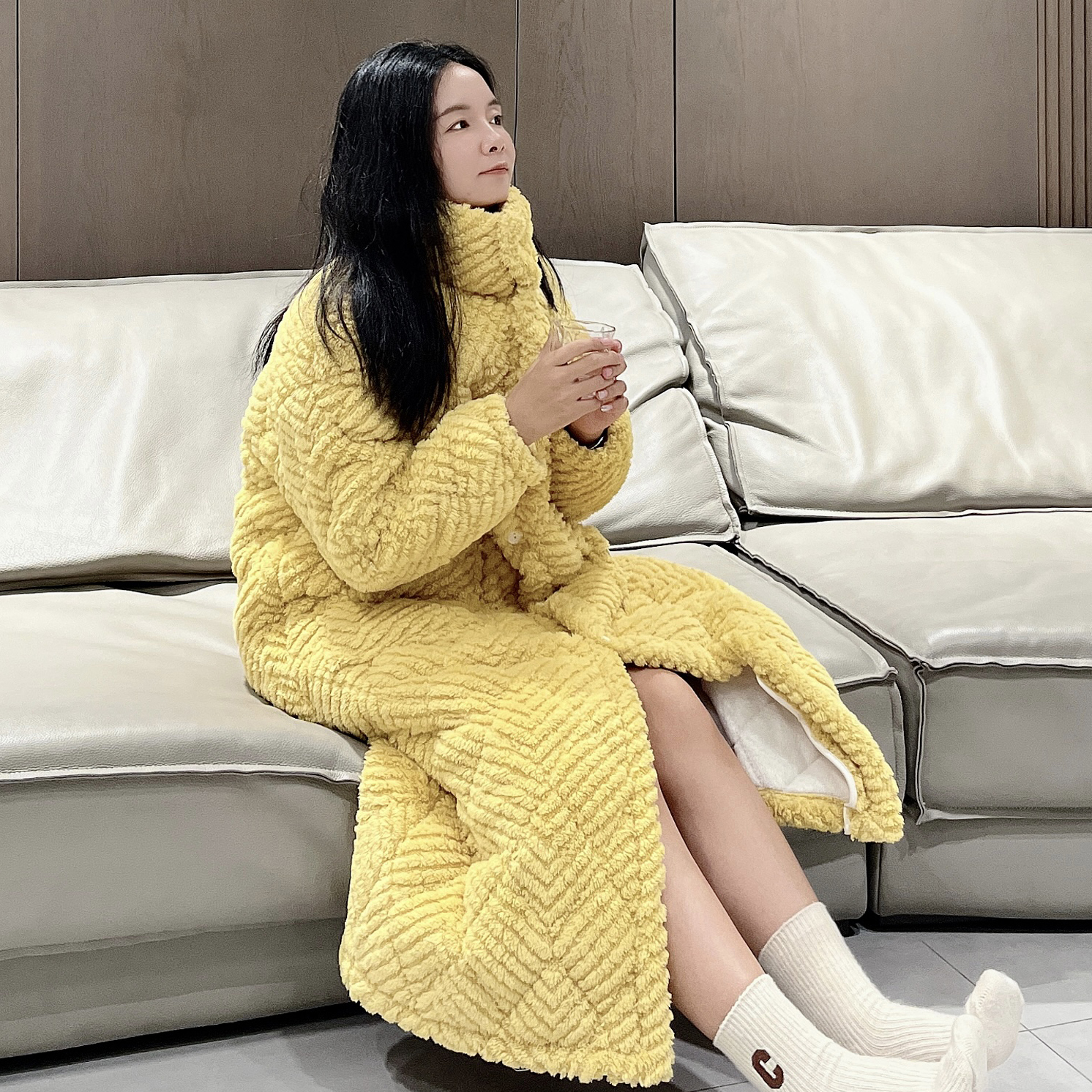 中长款冬季睡衣女三层夹棉加厚可爱家居服可外穿睡袍加长套装青年