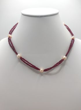 原创双层立体项链颈链红水晶3mm天然淡水真珍珠橙金色8mm+正圆礼