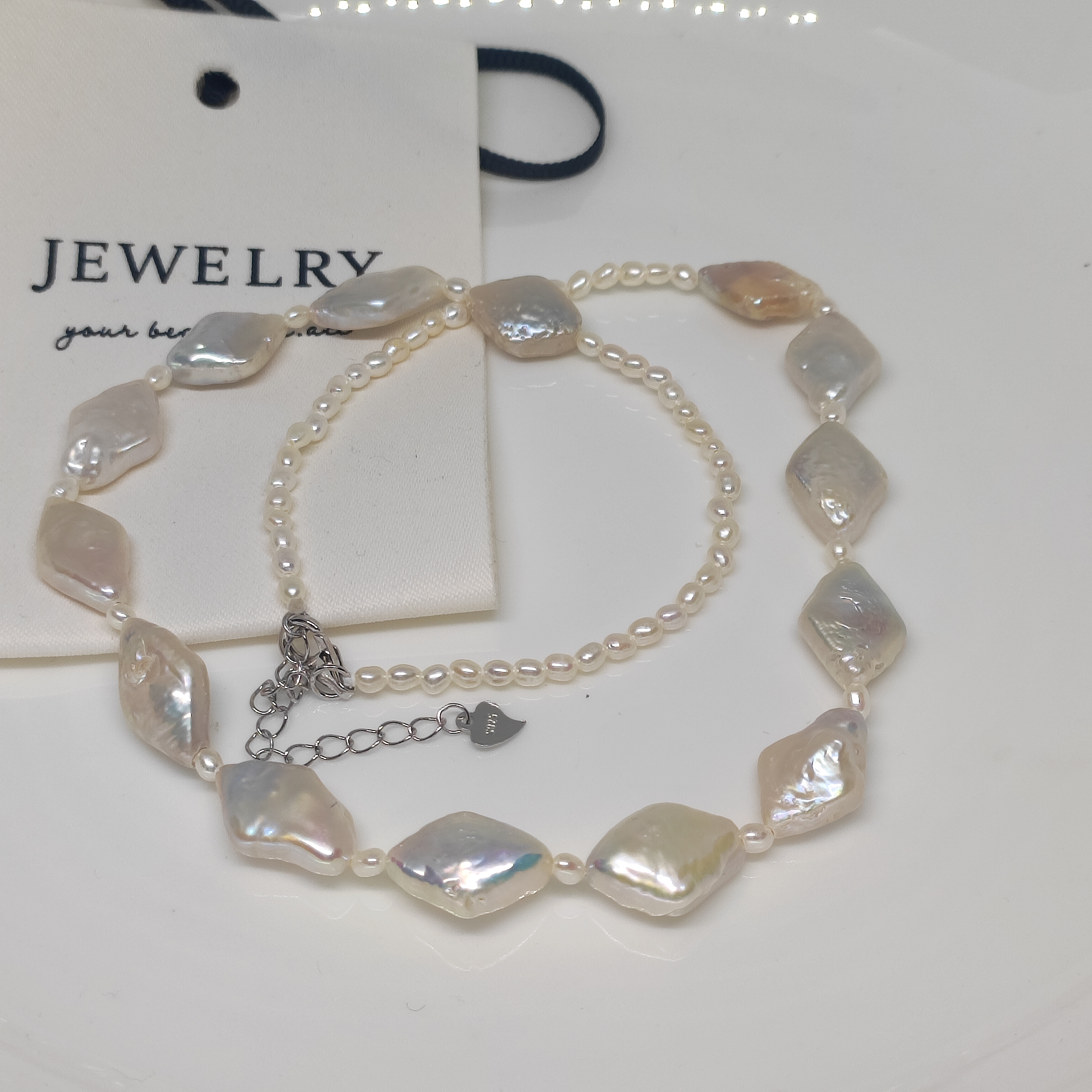 天然淡水珍珠炫彩白菱形+小米粒巴洛克项链节日礼个性潮酷纯银扣