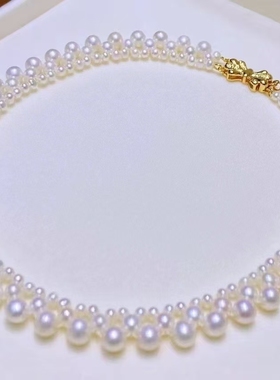 纯银黄蝴蝶结淡水真珍珠无核近圆近无瑕强光三层编织项链节日礼盒