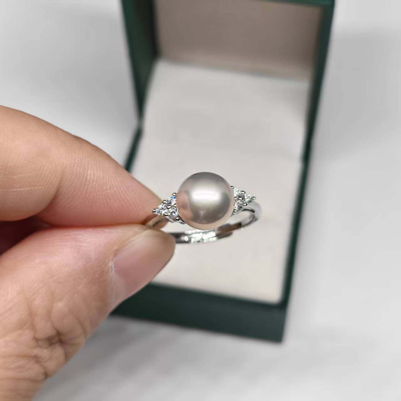 天然淡水极光仙紫精致珍珠纯银戒指正圆开口锆石底托时尚节日礼物