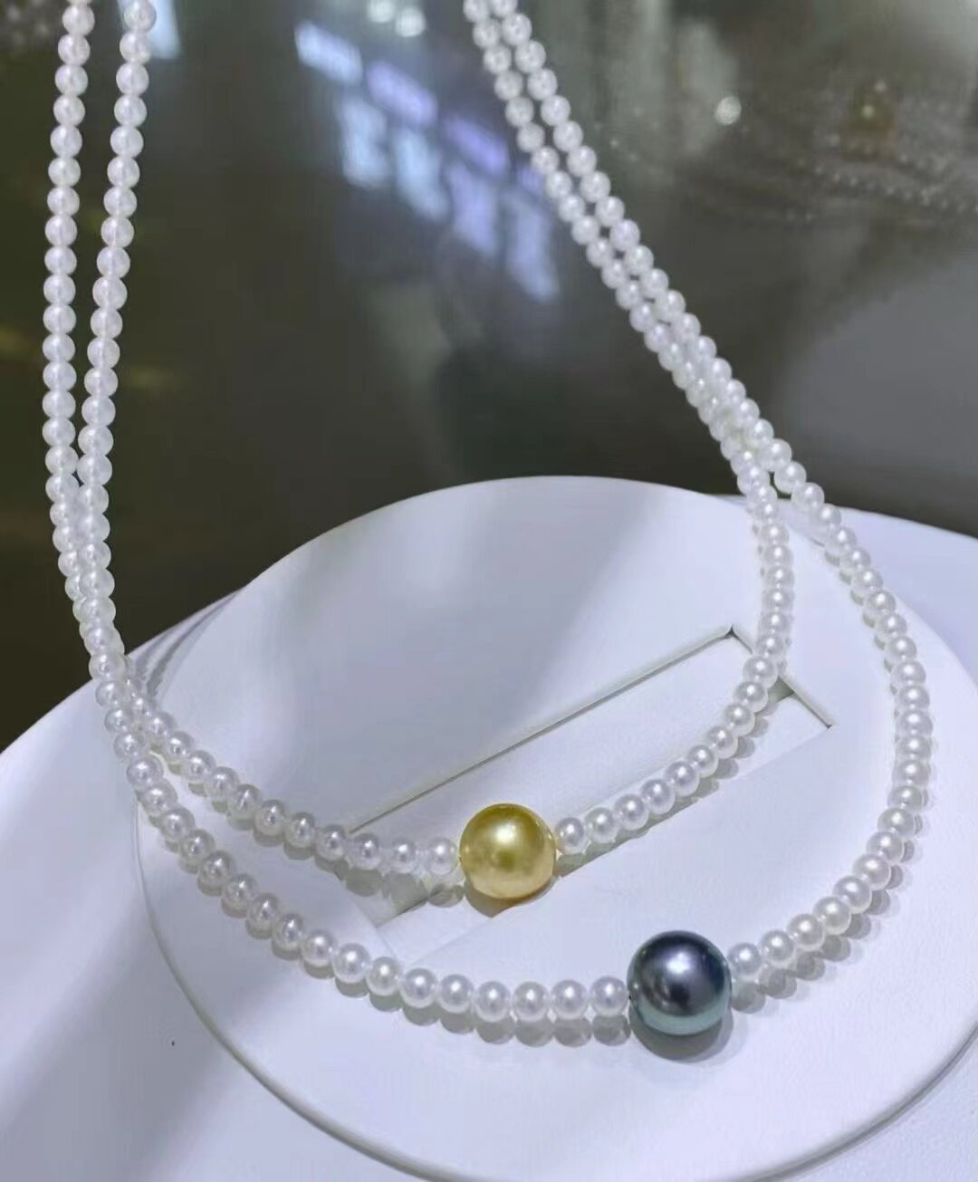 天然淡水珍珠3mm+海水珍珠10mm项链近无瑕近正圆18K金扣