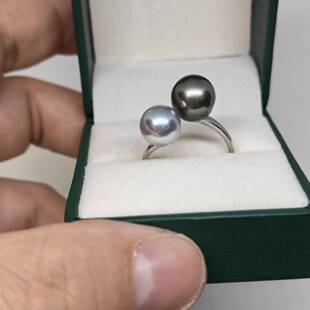 一物一拍 双珠天然海水大溪地真多麻珍珠纯银开口戒指两珠间微瑕