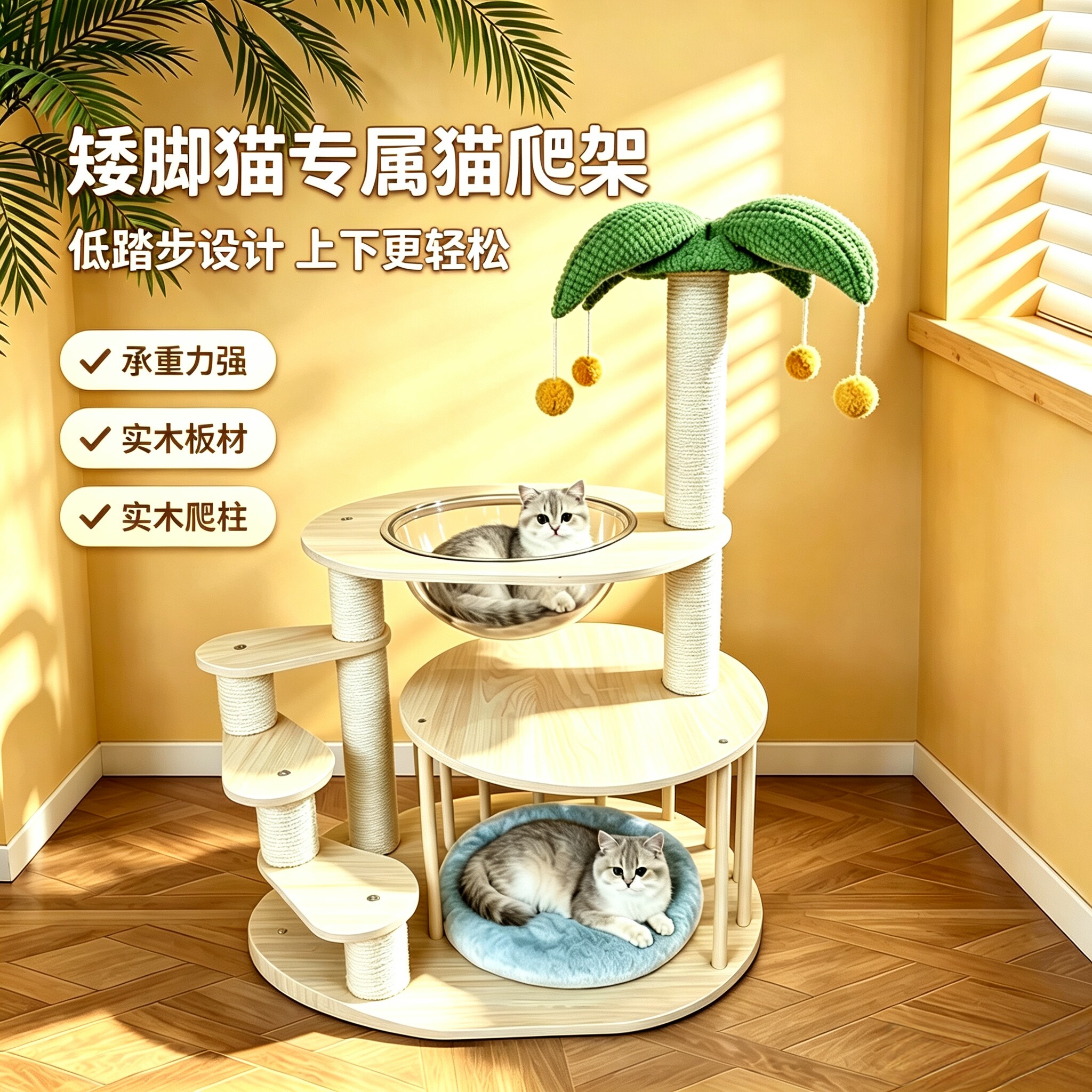 实木矮脚猫爬架太空舱猫窝英短猫咪多层攀爬架幼猫跳板小猫椰树球图片