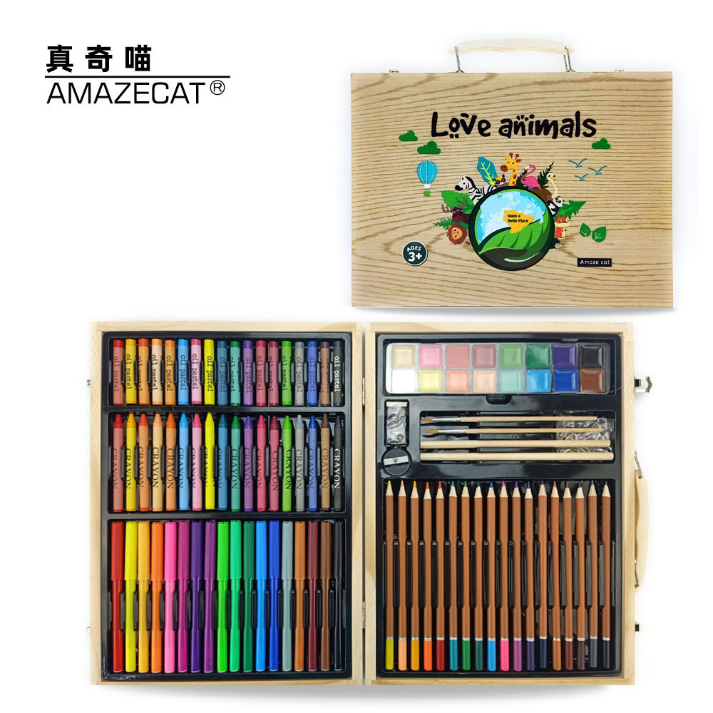 真奇喵100pcs木盒画笔套装儿童文具套装批发 水彩笔礼盒幼儿园开
