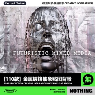 110款未来主义赛博朋克科幻金属镀铬抽象粗糙背景PNG贴图设计素材