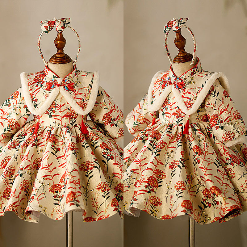 女宝宝一周岁礼服加厚洋气高端宝宝唐装女童公主裙拜年服生日冬季