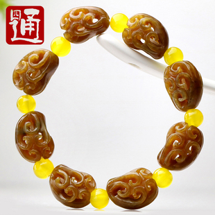四通新疆和田玉手链男士女款天然糖玉手串且末糖福瓜手福绿寿玉石