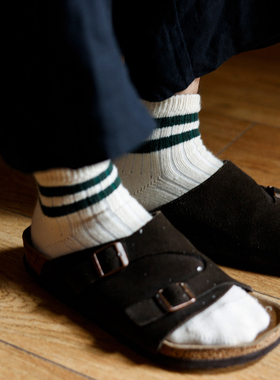 Beeff 25新款 天然棉粗线针织 双杠条纹无骨直角中筒袜日系男女