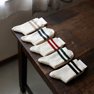 粗线袜针织复古日杂 无染色米色 双杠条纹无骨中长袜男女袜 Beeff