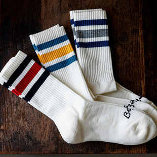 加厚毛巾棉袜无骨 滑板」中筒长袜美式 BEEFF 70s复古条纹袜「棒球