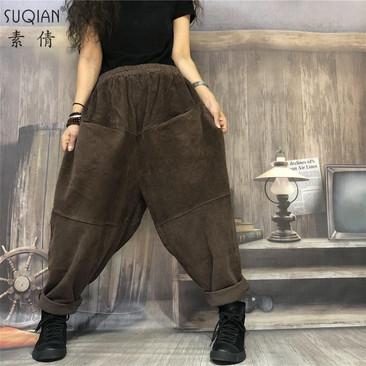 素倩（服饰）复古灯芯绒哈伦裤女19秋季新款纯色宽松加厚加肥长裤