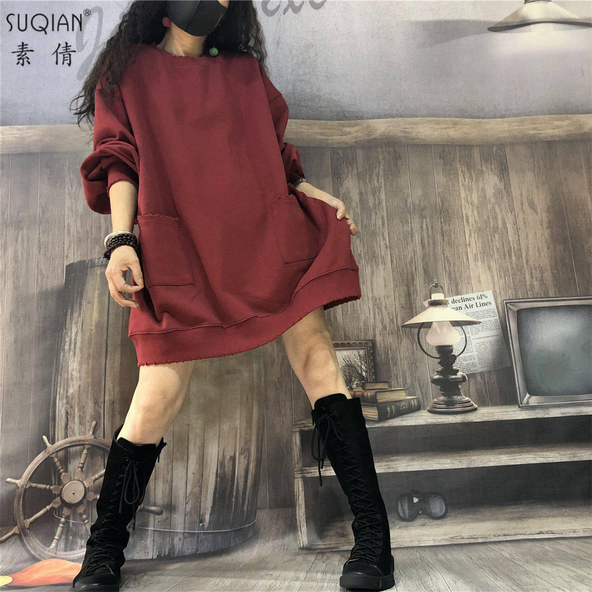 素倩（服饰）大码卫衣裙女2020春季新款宽松气质时尚纯色显瘦卫衣