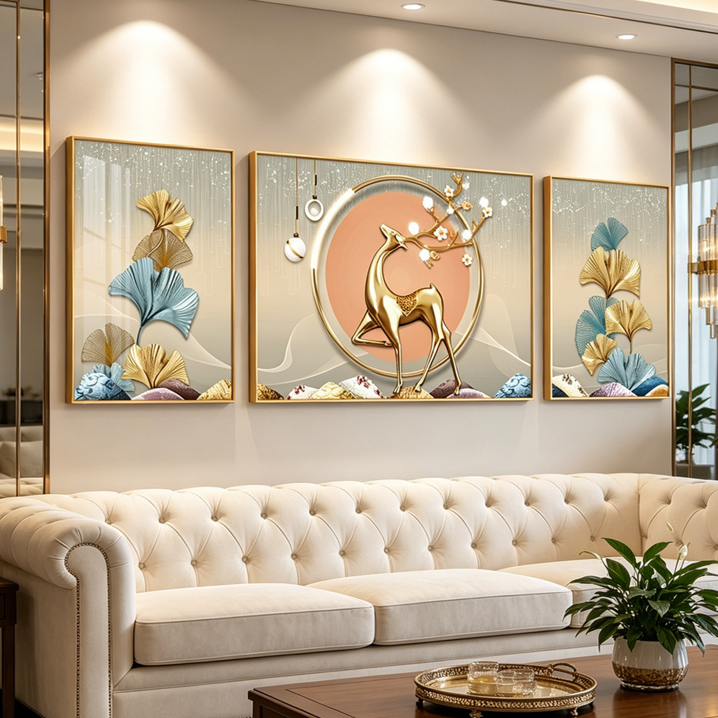 轻奢客厅装饰画沙发背景墙三联画现代简约饭厅壁画麋鹿高级感挂画