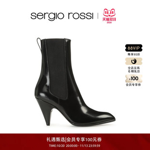 Sergio Rossi/SR女鞋 BEAK系列 黑色尖头细跟切尔西短靴时装靴
