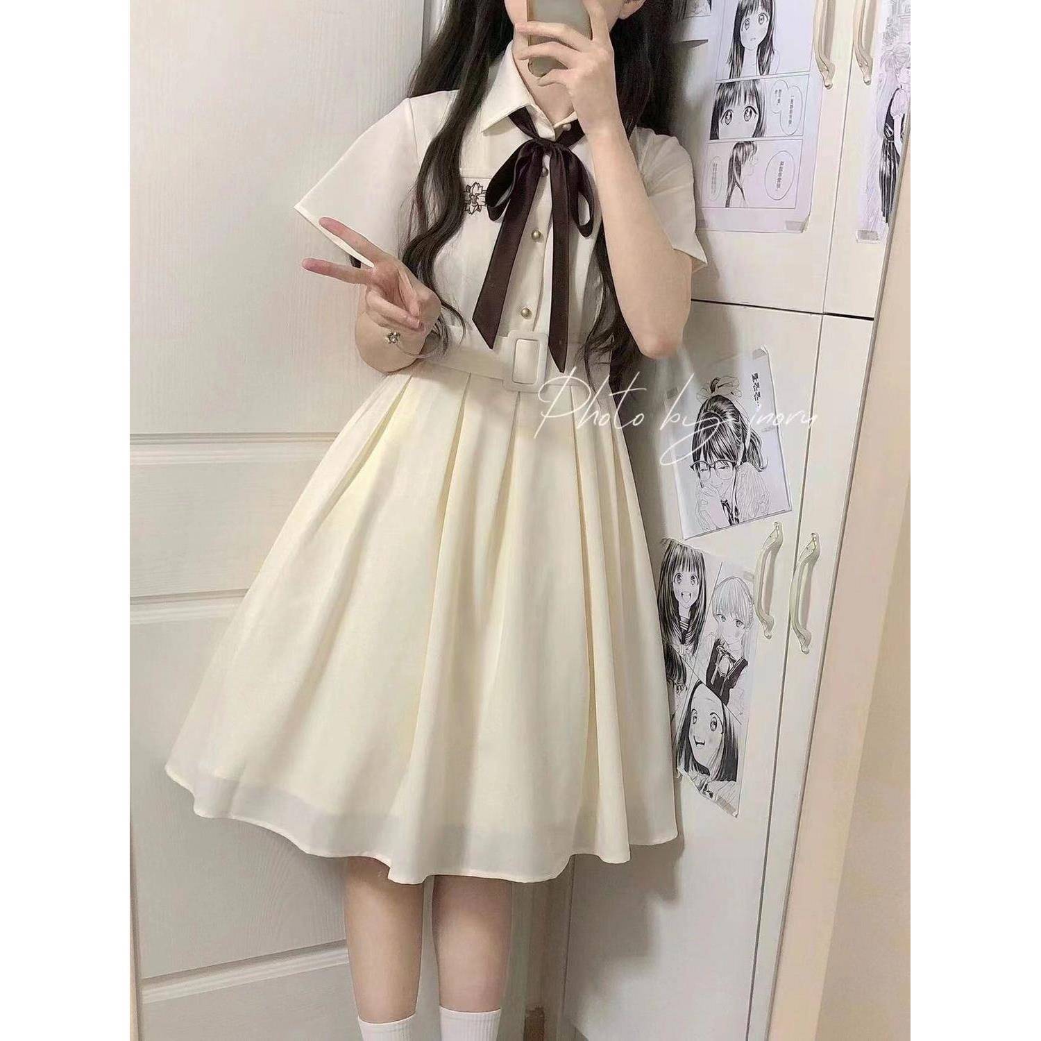 学院风小个子连衣裙夏季新款甜美初恋蝴蝶结收腰显瘦短袖a字裙子
