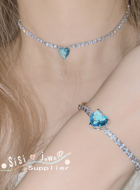 Sisi miu水蓝宝石璀璨链条项链 贵气质感 镀18K金 海蓝锆手链套装