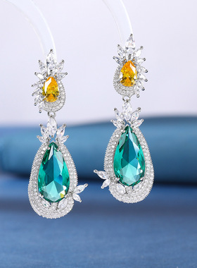 2025款水滴形绿色黄色锆石独立包装满钻奢华女式S925耳钉耳坠饰品