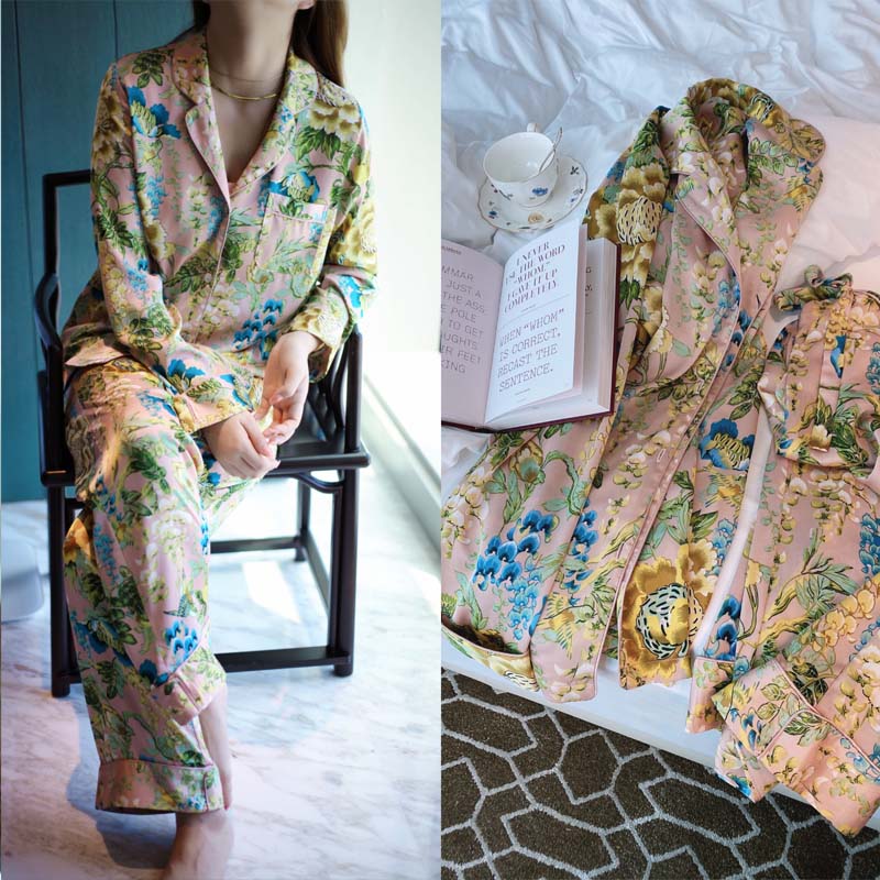女士 粉色花卉轻奢高贵秋冬薄款长袖长裤睡衣来去缝家居服可外穿