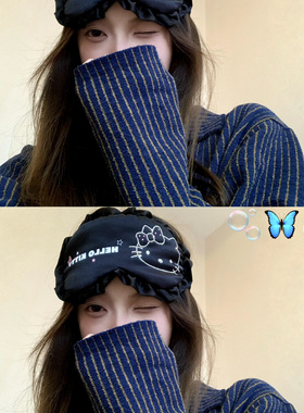 韩系条纹针织睡衣女秋冬薄款半边绒保暖冬季衬衫领家居服可外穿