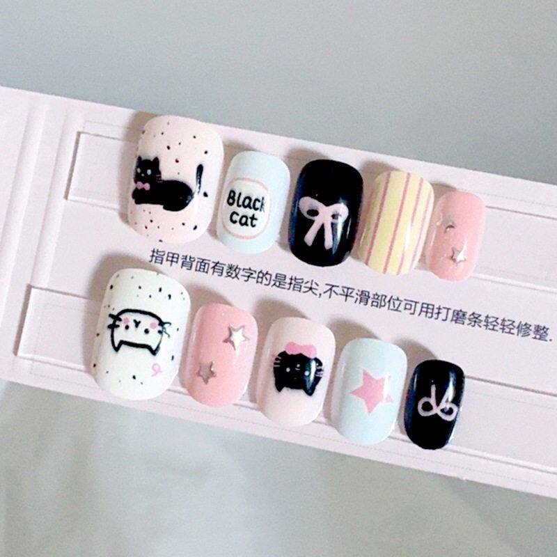 夏日粉色可爱多巴胺手绘手工穿戴甲短款学生小猫咪卡通蝴蝶结美甲