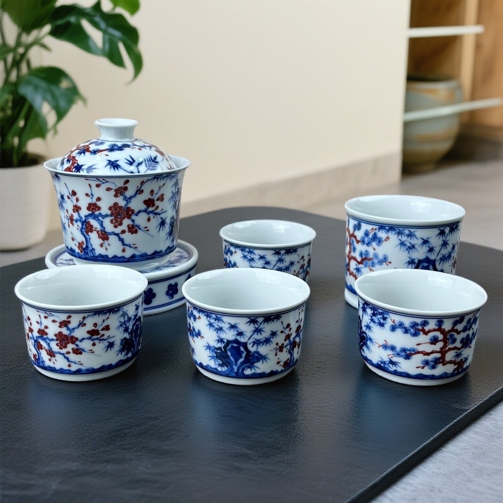 釉里红松竹梅盖碗茶杯套装青花瓷中式功夫茶具陶瓷茶碗主人杯盖置