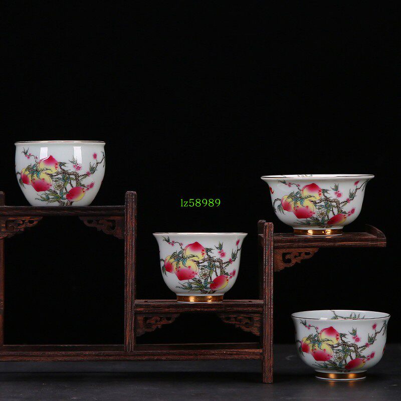 九桃主人杯陶瓷手工五福寿桃茶杯仿古青花压手杯珐琅彩单杯品茗杯