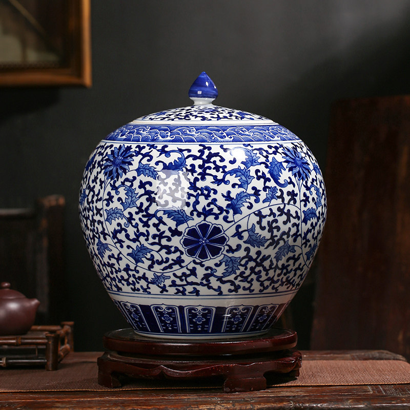 景德镇陶瓷器手工创意青花五彩储物罐子新中式客厅装饰品摆件大号