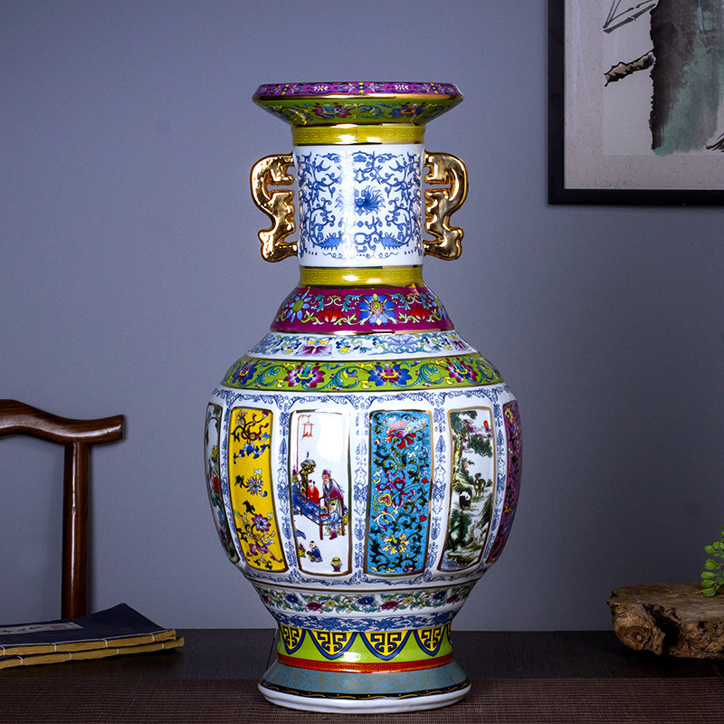 景德镇陶瓷仿乾隆年双耳瓷王描金花鸟落地大花瓶 客厅装饰品摆件